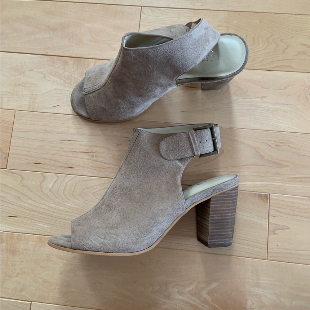 Faux Suede Open Toed Heeled Booties - size 6.5
